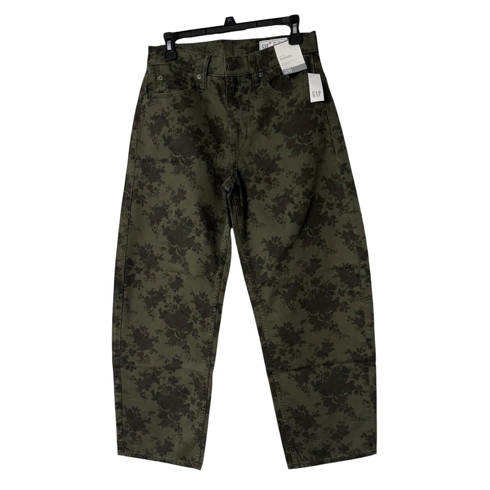 NWT Gap Womens Olive Floral High Rise Barrel Tapered Relaxed Jeans Denim 2P